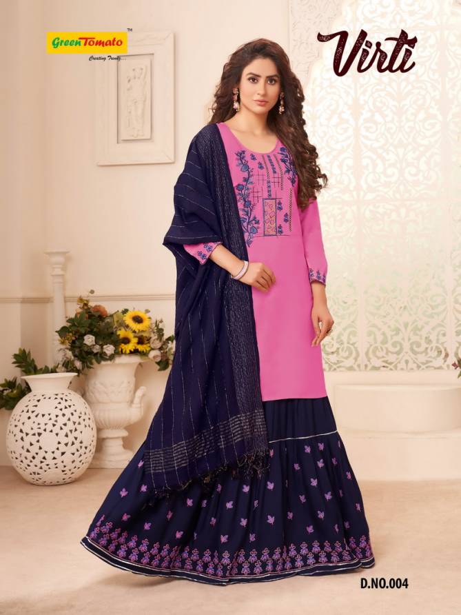 Master Virti Designer Latest Heavy Rayon Top With Embroidery Work Kurti With Skirt And Fancy Dupatta Collection